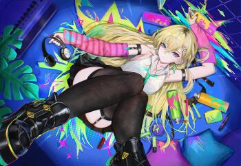 1girl absurdres adapted_costume bare_shoulders black_shoes black_skirt black_thighhighs blonde_hair blue_eyes breasts can cleavage closed_mouth commentary earrings flippy_(cripine111) from_above graffiti hair_between_eyes hair_ornament headphones highres holding holding_can jewelry large_breasts legs_up long_hair looking_at_viewer lying lynae_(wuthering_waves) on_back shirt shoes skirt skull_hair_ornament solo spray_can star_(symbol) star_earrings thighhighs thighs very_long_hair white_shirt wuthering_waves