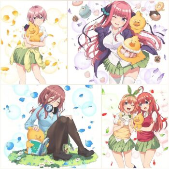 5girls ahoge black_pantyhose black_shoe black_socks blue_eyes blue_flower blue_petals blue_sweater blush bow bowtie bread breasts brown_hair cake cake_slice closed_eyes closed_mouth clothes_around_waist collared_shirt dot_nose female_focus flower food full_body go-toubun_no_hanayome grass green_background green_bow green_bowtie green_petals hair_bow hair_ornament headphones headphones_around_neck holding holding_food holding_stuffed_toy jacket juice juice_can large_breasts legs long_hair long_sleeves looking_at_viewer medium_hair melon_bread miniskirt multiple_girls nakano_ichika nakano_itsuki nakano_miku nakano_nino nakano_yotsuba official_art one_eye_closed open_mouth orange_hair pantyhose pink_hair pleated_skirt purple_jacket purple_petals quintuplets red_hair red_petals red_sweater_vest red_vest school_uniform shirt shirt_under_sweater shirt_under_vest short_hair short_sleeves siblings sisters sitting skirt smile socks star_(symbol) star_hair_ornament stitched stuffed_toy sweater sweater_around_waist sweater_vest teeth thighhighs thighs third-party_edit twintails upper_teeth_only very_long_hair vest white_flower white_shirt white_thighhighs wink yellow_petals yellow_sweater yellow_sweater_vest yellow_vest zettai_ryouiki
