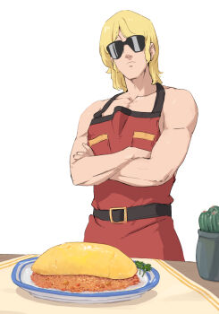 Rule 34 | 1boy, adapted costume, apron, bare arms, blonde hair, cactus, char aznable, commentary request, crossed arms, food request, gundam, kanpa (campagne 9), naked apron, quattro bajeena, red apron, solo, sunglasses, white background, zeta gundam