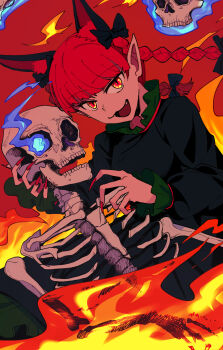 1girl :3 animal_ear_fluff animal_ears blunt_bangs bone bow braid cat_ears dress extra_ears fangs fingernails fire flaming_skull floating_skull frilled_dress frills glowing glowing_eyes green_dress hair_bow highres hitodama kaenbyou_rin looking_to_the_side pointy_ears red_eyes red_hair red_nails sharp_fingernails skeleton skull starjinxin touhou twin_braids upper_body
