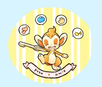 Rule 34 | berry (pokemon), chimchar, closed eyes, copyright name, full body, gen 4 pokemon, happy, heart, holding, holding stylus, musical note, nintendo, no humans, open mouth, oran berry, pokemon, pokemon-amie, pokemon (creature), riichi (119253), speech bubble, spoken heart, spoken musical note, spoken object, standing, standing on one leg, stylus