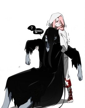 Rule 34 | 1boy, 1girl, adashino adami, armpit carry, bandaged leg, bandages, bbabbamis2, black hair, black kimono, blood, blood on clothes, blood on face, commentary request, highres, homicipher, hood, hood up, japanese clothes, kimono, korean commentary, korean text, long hair, mr. crawling, pink hair, raincoat, simple background, struggling, torn clothes, translation request, trembling, very long hair, white background, white raincoat