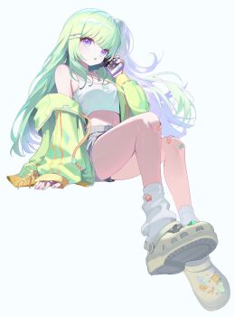 1girl bandaid bandaid_on_knee bandaid_on_leg bare_shoulders blunt_bangs breasts cleavage commentary_request crocs crop_top full_body green_hair green_jacket grey_shorts hand_up highres holding holding_phone invisible_chair jacket jewelry korean_commentary long_hair looking_at_viewer medium_breasts midriff mixed-language_commentary navel necklace off_shoulder official_art one_side_up parted_lips phone purple_eyes shirt short_shorts shorts simple_background sitting sleeveless sleeveless_shirt socks solo spaghetti_strap stellive thighs very_long_hair virtual_youtuber white_background white_shirt white_socks yuzuha_riko zetto023