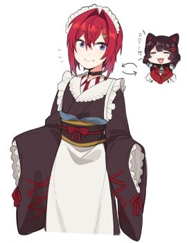 Rule 34 | 2girls, :3, :d, = =, ange katrina, ange katrina (1st costume), animal ears, animal hair ornament, apron, arrow (symbol), blue eyes, blush, brown collar, brown hair, brown kimono, brown sash, cardigan, chibi, closed eyes, closed mouth, collar, commentary request, cosplay, costume switch, cropped legs, dog ears, fangs, flower, frills, gradient eyes, hair flower, hair intakes, hair ornament, inui toko, inui toko (1st costume), japanese clothes, kimono, long hair, looking at viewer, maid, mitsumine (ookami no oyashiro), multicolored eyes, multiple girls, nijisanji, notice lines, obi, obiage, obijime, off shoulder, open mouth, purple eyes, red cardigan, red hair, sash, short hair, simple background, sleeves past fingers, sleeves past wrists, smile, split mouth, translation request, v-shaped eyebrows, virtual youtuber, wa maid, waist apron, white apron, white background