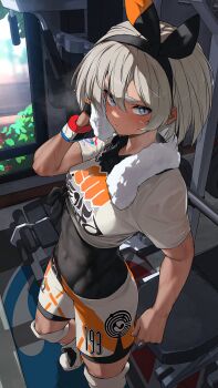 1girl :/ abs bea_(pokemon) blue_eyes blush bodysuit bow breasts closed_mouth crop_top dark-skinned_female dark_skin dynamax_band exercise_machine exercising from_above from_side grey_hair gym hair_bow hairband hand_up highres hizake_mozu knee_pads looking_at_viewer looking_to_the_side nintendo pokemon pokemon_swsh print_shirt shirt short_hair short_sleeves shorts small_breasts solo sports_bra sweat tied_shirt toned towel towel_around_neck weight_machine white_shirt white_shorts window wiping_sweat
