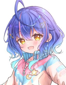 1girl ahoge amamiya_kokoro amamiya_kokoro_(4th_costume) arrow_through_heart barcode blue_hair blush braid collarbone crescent_moon crown_braid drawstring fang hair_between_eyes hair_ornament heart heart_hair_ornament highres jacket looking_at_viewer matcha_november medium_hair moon multicolored_hair multicolored_jacket nijisanji official_alternate_costume pink_jacket sidelocks simple_background skin_fang smile solo star_(symbol) streaked_hair virtual_youtuber white_background x_hair_ornament yellow_eyes zipper zipper_pull_tab