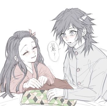1boy 1girl bandaged_head bandages black_hair blue_eyes closed_mouth commentary_request crying demon_slayer_uniform forehead g_yu0o0 gauze gauze_on_cheek hair_ribbon highres kamado_nezuko kimetsu_no_yaiba long_hair long_sleeves parted_bangs pink_ribbon ribbon simple_background sitting sketch smile speech_bubble spiked_hair tomioka_giyuu translation_request upper_body white_background