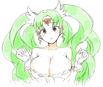 Rule 34 | 1girl, 9rimson, bare shoulders, black eyes, blush, breasts, cleavage, commentary request, cropped torso, falulu, falulu (awakened), forehead jewel, gem, gloves, green hair, hair ornament, hands up, headphones, heart-shaped gem, large breasts, long hair, looking at viewer, parted bangs, parted lips, pretty series, pripara, red gem, simple background, sketch, solo, white background, white gloves, wing hair ornament