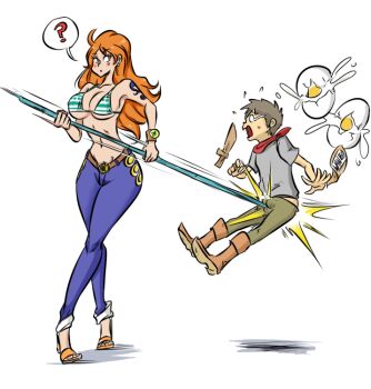 1boy 1girl age_difference arm_tattoo ball_busting bare_arms bare_shoulders bdsm belt bikini bikini_top_only boots broken_egg bulge cbt denim femdom jeans legs long_hair nami_(one_piece) navel ocigart one_piece orange_hair pants ? shota staff swimsuit sword tattoo thighs wanted_poster weapon wooden_sword