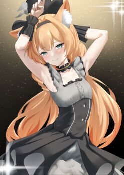 1girl absurdres animal_ear_fluff animal_ears armpits arms_up black_headband black_overskirt blue_archive choker commentary dress english_commentary flower fluffy_hair frilled_choker frills grey_dress grey_feathers halo hat hat_flower headband highres idol idol_clothes long_hair low_twintails mari_(blue_archive) mari_(idol)_(blue_archive) meonic mini_hat mini_top_hat official_alternate_costume orange_hair rose smile solo sparkle_background top_hat twintails wrist_wrap yellow_flower yellow_halo yellow_rose