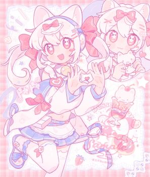 Rule 34 | 1girl, :3, :d, animal ear legwear, animal ears, bare shoulders, bell, blue shoes, blue skirt, blush, bow, cat ear legwear, cat ears, cat girl, cherry, closed mouth, commentary, cup, dot nose, double-parted bangs, drinking glass, fanqiealxe, food, foot out of frame, four-finger heart hands, fruit, hair between eyes, hair bow, heart, heart hands, heart in heart hands, highres, ice cream, ice cream float, leg up, long hair, long sleeves, looking at viewer, miniskirt, multiple views, navel, neck bell, open mouth, original, pastel colors, red bow, sample watermark, shirt, shoes, skirt, smile, standing, standing on one leg, star-shaped pupils, star (symbol), symbol-only commentary, symbol-shaped pupils, thighhighs, twintails, watermark, white hair, white shirt, white thighhighs, yellow eyes, yume kawaii, zettai ryouiki