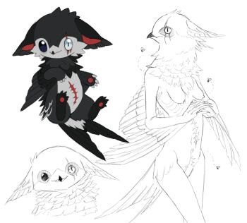 1girl animal_hands beak bird_girl black_feathers breasts bug chibi chibi_inset commentary cowboy_shot english_commentary feathers fly furry furry_female griffin_girl highres insect jejejunum jejenum_(jejejunum) nude original scar scar_across_eye scar_on_face simple_background sketch sketch_inset solo white_background