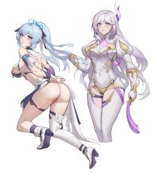 Rule 34 | 1girl, 2girls, absurdres, ahoge, ass, ass focus, attack of the hatogod, blue dress, blue eyes, blue hair, blue nails, bodysuit, breasts, censored, closed mouth, dress, full body, hare (honkai impact), high heels, highres, holding, holding whip, honkai (series), honkai impact 3rd, horns, juliet sleeves, large breasts, long hair, long sleeves, looking at viewer, looking back, mosaic censoring, multiple girls, multiple views, nail polish, nipples, puffy sleeves, purple eyes, purple sleeves, pussy, shigure kira, single horn, single thighhigh, spanking, thighhighs, torn clothes, torn dress, transparent background, very long hair, white bodysuit, white footwear, white hair, white thighhighs