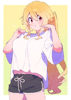 1girl black_shorts blonde_hair blush border breasts commentary_request cowboy_shot dot_nose hands_up highres large_breasts long_sleeves looking_at_viewer magia_record:_mahou_shoujo_madoka_magica_gaiden mahou_shoujo_madoka_magica open_mouth outside_border ponytail red_eyes serizawa_serizane shirt short_sleeves shorts simple_background solo togame_momoko twitter_username white_border white_shirt yellow_background