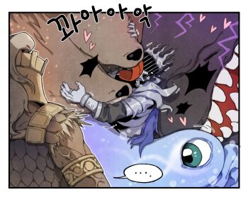 ... 2boys adel_(elden_ring) animal armor blue_cape bracelet cape cerberus dog donar0217 elden_ring elden_ring_nightreign fake_horns fulghor_(elden_ring) gladius_(elden_ring) helmet heolstor_the_nightlord horned_helmet horns jewelry licking licking_another&#039;s_face maris_(elden_ring) monster multiple_boys one-eyed pauldrons plume ring scale_armor shoulder_armor speech_bubble sweat upper_body