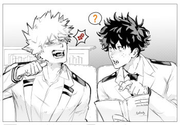 2boys ? anger_vein bakugou_katsuki blazer boku_no_hero_academia bookshelf commentary eyeempty fangs freckles gesture_request greyscale holding holding_notebook jacket looking_at_another male_focus midoriya_izuku monochrome multiple_boys necktie notebook open_mouth school_uniform short_hair sitting spiked_hair spoken_anger_vein spoken_question_mark teeth u.a._school_uniform upper_body