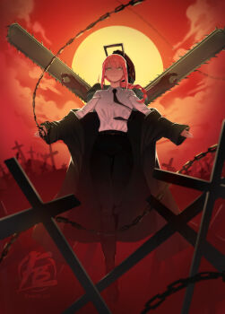 1boy 1girl back-to-back black_jacket black_pants braid breasts chainsaw chainsaw_devil chainsaw_man closed_mouth collared_shirt cross eladb_art graveyard highres jacket jacket_partially_removed light_smile long_hair makima_(chainsaw_man) medium_breasts pants red_hair ringed_eyes shirt sidelocks single_braid sun twitter_username white_shirt yellow_eyes