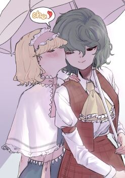 Rule 34 | 2girls, ;), alice margatroid, ascot, blonde hair, blue dress, blush, capelet, cheek kiss, closed eyes, commentary, double cheek kiss, dress, frilled ascot, frilled hairband, frills, green hair, hairband, hand on another's shoulder, holding, holding umbrella, kazami yuuka, kiss, kissing cheek, korean commentary, lovelobten, multiple girls, necktie, one eye closed, pink umbrella, red skirt, red vest, shared umbrella, shirt, short hair, skirt, smile, square-end necktie, touhou, umbrella, vest, white capelet, white shirt, yellow ascot, yuri