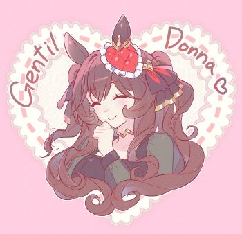 1girl animal_ears black_dress blush breasts brown_hair closed_eyes closed_mouth commentary_request cropped_torso dress ear_covers ear_ornament gentildonna_(umamusume) gold_choker hair_between_eyes hair_ornament heart heart-shaped_ornament heart_ear_ornament highres horse_ears horse_girl long_hair long_sleeves murangee smile solo umamusume