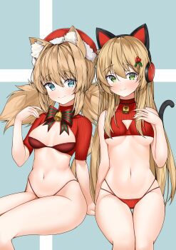 Rule 34 | 2girls, absurdres, animal ear fluff, animal ear headphones, animal ears, bell, blonde hair, blue eyes, blush, breasts, cat ears, cat tail, christmas, cleavage, cleavage cutout, clothing cutout, cowboy shot, fake animal ears, girls' frontline, green eyes, hat, headphones, highleg, highleg panties, highres, idw (girls' frontline), long hair, looking at viewer, medium breasts, multiple girls, navel, neck bell, panties, red panties, santa hat, simple background, smile, string panties, tail, tmp (girls' frontline), tor ai, twintails, underwear