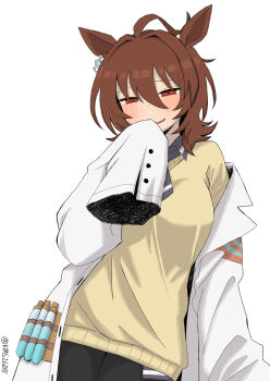 1girl agnes_tachyon_(umamusume) ahoge animal_ears black_pantyhose blush breasts brown_hair coat commentary hair_between_eyes hand_to_own_mouth highres horse_ears horse_girl kms2605 lab_coat long_sleeves looking_at_viewer off_shoulder open_clothes open_coat open_mouth pantyhose red_eyes simple_background sleeves_past_fingers sleeves_past_wrists solo sweater umamusume white_background white_coat yellow_sweater