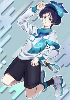 Rule 34 | 1boy, aranara (genshin impact), ararycan (genshin impact), arm at side, black shorts, black socks, blue hat, blunt ends, breast pocket, bright pupils, creature, cross-laced shoes, egasumi, eyeliner, eyeshadow, fingernails, genshin impact, grey background, hand up, hat, highres, holding, holding creature, kneeling, long sleeves, looking at viewer, makeup, male focus, parted lips, peaked cap, pocket, purple eyes, red eyeliner, red eyeshadow, scaramouche (genshin impact), shoes, shorts, smirk, sneakers, socks, tsurime, twitter username, wanderer (genshin impact), white mouth, white pupils, white shoes, white sleeves, wispy bangs, yozora 9089