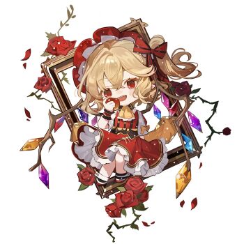 1girl adapted_costume ankle_cuffs apple ascot black_corset black_socks blonde_hair blush_stickers bonnet bow chibi chinese_commentary collared_shirt commentary_request corset crossed_bangs crystal_wings eating empty_eyes eyelashes fangs flandre_scarlet flats floating_hair flower food frilled_ascot frilled_headwear frilled_skirt frilled_sleeves frilled_wrist_cuffs frills fruit hair_between_eyes hair_bow hair_through_headwear happy head_tilt high-waist_skirt highres holding holding_food holding_fruit light_particles looking_ahead loose_hair_strand medium_skirt open_mouth petals picture_frame pleated_skirt puffy_short_sleeves puffy_sleeves red_bonnet red_bow red_eyes red_flower red_rose red_shoes red_skirt red_vest red_wrist_cuffs ribbon-trimmed_ascot rose rose_petals shirt shoes short_hair short_sleeves side_ponytail simple_background sitting skirt sleeve_bow slit_pupils smile socks solo striped_bow striped_clothes striped_vest teeth thorns touhou upper_teeth_only vertical-striped_clothes vertical-striped_vest vest wavy_hair white_background white_shirt wings wrist_cuffs yanshuangjun yellow_ascot yellow_bow