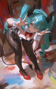 1girl aqua_hair bare_shoulders black_horns black_leotard black_pantyhose borrowed_character bow bowtie breasts brush_stroke cleavage closed_mouth daodtt demon_tail detached_collar double-parted_bangs double_w full_body hair_between_eyes highres horns leaning_forward leotard long_hair looking_at_viewer medium_breasts morello_(morellostorment) original pantyhose playboy_bunny red_bow red_bowtie red_eyes solo tail traditional_media twintails very_long_hair w wrist_cuffs