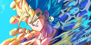 1boy blonde_hair blue_background blue_hair blue_shirt dragon_ball dragon_ball_super dragonball_z earrings glint green_eyes highres jewelry male_focus medium_hair multicolored_hair muscular muscular_male orange_shirt potara_earrings ryo_lovevegito shirt smirk solo spiked_hair super_saiyan super_saiyan_1 super_saiyan_blue twitter_username two-tone_hair upper_body vegetto