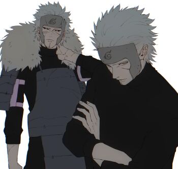 1boy arm_behind_head armor black_sclera black_shirt colored_sclera crossed_arms fur_collar highres japanese_armor kemu_(19002265km) looking_at_viewer male_focus multiple_views naruto_(series) scar scar_on_face senju_tobirama shirt short_hair shoulder_armor simple_background sode white_background