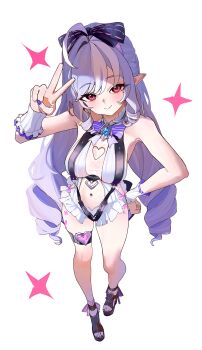 1girl clothing_cutout drill_hair from_above hand_on_own_hip heart heart_cutout heart_in_eye highres long_hair looking_at_viewer majo_(pastamajo) multicolored_hair navel official_alternate_costume one-piece_swimsuit pointy_ears purple_hair red_eyes sidelocks simple_background solo stomach_cutout streaked_hair swimsuit symbol_in_eye v vivian_banshee vivian_banshee_(iris_of_the_shore) white_background white_hair white_one-piece_swimsuit zenless_zone_zero
