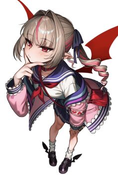 1girl alternate_hairstyle aqua_belt aqua_nails armband bag belt belt_collar black_shoes blonde_hair blue_ribbon blue_sailor_collar blue_skirt blunt_bangs blush closed_mouth collar colored_inner_hair demon_wings drill_hair full_body hair_intakes hair_ribbon hand_on_own_knee handbag hashtag-only_commentary heart highres jacket kakashi_(ka_kshi) leaning_forward leg_tattoo long_hair loose_belt loose_socks makaino_ririmu makaino_ririmu_(4th_costume) miniskirt multicolored_hair nail_polish neckerchief nijisanji off_shoulder open_clothes open_jacket pink_hair pink_jacket pink_streaks platform_shoes pleated_skirt pointy_ears red_bag red_collar red_eyes red_neckerchief red_wings ribbon sailor_collar school_uniform serafuku shirt shoes shoulder_bag sidelocks signature simple_background skirt socks solo standing streaked_hair tattoo twintails two-tone_hair v v_over_mouth virtual_youtuber white_background white_shirt white_socks winged_shoes wings