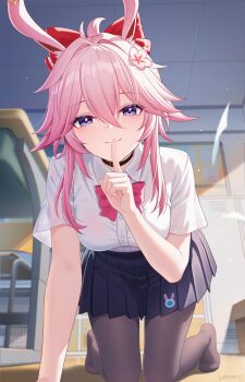 Rule 34 | 1girl, all fours, animal ears, black pantyhose, bow, commentary request, desk, evanescia (honkai: star rail), finger to mouth, flower, fox ears, hair between eyes, hair flaps, hair flower, hair ornament, highres, honkai: star rail, honkai (series), looking at viewer, pantyhose, pink hair, pleated skirt, purple eyes, red bow, satomi (745684552), school desk, shirt, skirt, solo, white shirt