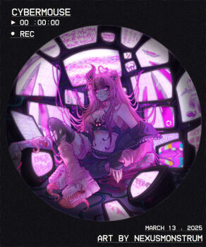 1girl absurdres antenna_hair artist_name boots demon_girl demon_horns english_text glowing glowing_eyes heart_antenna_hair highres horns ironmouse ironmouse_outfit_art_contest jacket leg_warmers long_hair midriff navel nexusmonstrum official_alternate_costume open_clothes open_jacket pink_boots pink_eyes pink_hair pink_leg_warmers sitting solo television virtual_youtuber vshojo