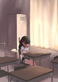 1girl absurdres black_eyes black_hair blue_buruma buruma chair classroom clothes_lift commission curtains female_masturbation hand_under_clothes headband highres locker loli masturbation medium_hair on_chair original red_headband shirt shirt_lift sitting skeb_commission solo table tamura-chan thighs white_shirt window