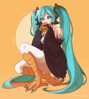 Rule 34 | 1girl, absurdres, animal ears, bird ears, bird legs, black feathers, black wings, blue eyes, blue hair, blue nails, breasts, burger, claws, commentary, eating, feathered wings, feathers, food, hair between eyes, hair ornament, harpy, hatsune miku, highres, holding, holding burger, holding food, long hair, medium breasts, monster girl, monsterification, nipples, nude, number tattoo, orange background, solo, talons, tattoo, twintails, twitter username, unreal fish, very long hair, vocaloid, winged arms, wings