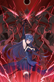 1girl absurdres arm_up armpits black_gloves blue_dress blue_hair blue_skirt borrowed_character breasts cleavage commission dress eclipse elbow_gloves gloves highres holding holding_sword holding_weapon long_hair mecha medium_breasts mytea_(soso) off-shoulder_dress off_shoulder original red_eyes red_lightning robot skeb_commission skirt sleeveless sleeveless_dress solo sword weapon