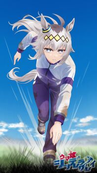 1girl absurdres animal_ears blue_eyes blue_jacket blue_pants commentary_request day grass grey_hair hakazero highres horse_ears horse_girl horse_tail jacket kasamatsu_tracen_training_uniform long_sleeves oguri_cap_(umamusume) outdoors pants ponytail running standing standing_on_one_leg tail umamusume umamusume:_cinderella_gray