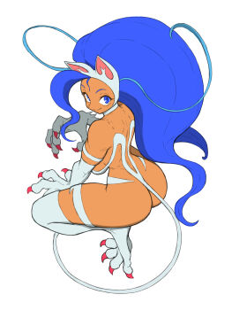 1girl absurdres ahoge animal_ears animal_feet animal_hands ass back big_hair blue_eyes blue_hair body_fur breasts cat_ears cat_girl cat_paws cat_tail choker claws closed_mouth dark-skinned_female dark_skin darkstalkers felicia_(darkstalkers) from_above from_behind full_body highres huge_ahoge huge_ass large_breasts long_hair looking_at_viewer looking_back muscular muscular_female revealing_clothes simple_background slit_pupils smile solo squatting tail thick_thighs thighs toshinoshin very_long_hair white_background white_fur white_tail