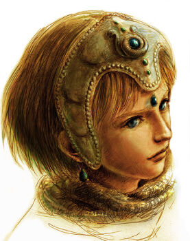 1girl blue_eyes blue_gemstone brown_hair closed_mouth commentary_request earrings gem headpiece jewelry kaze_no_tani_no_nausicaa kushana lips nose portrait realistic red_gemstone scarf short_hair solo teardrop_earrings tsukumo_(zodiac)