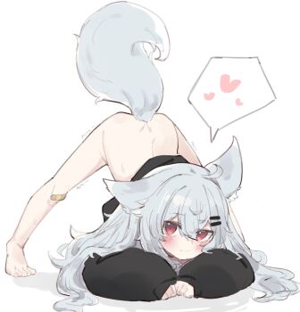 1girl ahoge animal_ear_fluff animal_ears bad_id bad_twitter_id bandaid bandaid_on_knee bandaid_on_leg barefoot blush bottomless closed_mouth female_focus fenrir_(fenriluuu) full_body grey_hair hair_between_eyes hair_ornament hairclip heart jack-o'_challenge long_sleeves no_pants original red_eyes rir-chan simple_background sleeves_past_wrists smile solo speech_bubble spoken_heart tail trembling wolf wolf_ears wolf_girl wolf_tail