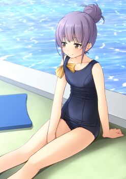 1girl bare_arms bare_shoulders between_legs blue_one-piece_swimsuit brown_eyes closed_mouth collarbone commentary_request day feet_out_of_frame hair_bun hand_between_legs highres kickboard old_school_swimsuit one-piece_swimsuit original outdoors poolside purple_hair school_swimsuit shibacha sitting smile solo swimsuit water