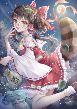 Rule 34 | 1girl, :d, animal, animal ears, bow, brown-framed eyewear, brown hair, commentary request, cosplay, detached sleeves, frilled bow, frilled skirt, frills, frog, from side, full moon, futatsuiwa mamizou, glasses, hair bow, hair tubes, hakurei reimu, hakurei reimu (cosplay), highres, kohinata hoshimi, leaf, leaf on head, long hair, long sleeves, looking at viewer, looking to the side, moon, night, open mouth, outdoors, raccoon ears, raccoon girl, raccoon tail, red bow, red eyes, red shirt, red skirt, ribbon-trimmed skirt, ribbon-trimmed sleeves, ribbon trim, round eyewear, shirt, sidelocks, signature, skirt, sky, sleeveless, sleeveless shirt, smile, solo, striped tail, tail, touhou, watermark, white sleeves, wide sleeves