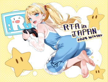 1girl ass barefoot blonde_hair blue_dress blue_eyes controller detached_sleeves dress english_text feet from_behind game_controller hair_ornament hair_scrunchie headset holding holding_controller holding_game_controller light_blush long_hair looking_at_viewer murata_taichi open_mouth original scrunchie smile soles solo star_(symbol) teeth toes twintails upper_teeth_only