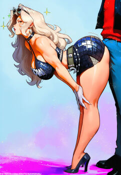 1boy 1girl ass bent_over black_cat_(marvel) black_cat_(urban_predator)_(marvel) black_jacket black_shoes black_skirt blue_pants breasts cleavage denim erotic_nansensu eyewear_on_head felicia_hardy gloves grey_hair high_heels highres jacket jeans long_hair marvel marvel_rivals official_alternate_costume open_clothes open_jacket pants red_shirt shirt shoes skirt sleeveless sunglasses white_gloves