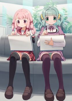 2girls black_thighhighs blush braid commentary_request commission futaba_sana green_eyes green_hair green_panties highres hime_cut kamihama_university_affiliated_school_uniform kamuchin_soda leaf magia_record:_mahou_shoujo_madoka_magica_gaiden mahou_shoujo_madoka_magica mahou_shoujo_madoka_magica_(anime) mizuna_girls'_academy_school_uniform multiple_girls panties pink_hair pixiv_commission purple_thighhighs school_uniform shoes short_hair sitting smile tamaki_ui thighhighs twintails underwear white_panties