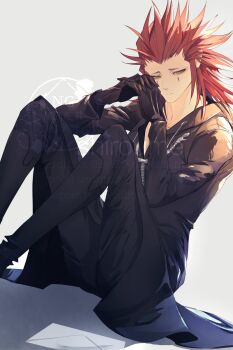 1boy axel_(kingdom_hearts) black_gloves black_pants black_robe facial_mark feet_out_of_frame gloves grey_background hair_slicked_back half-closed_eyes highres hood hood_down hooded_robe kingdom_hearts kingdom_hearts_ii long_hair male_focus own_hands_clasped own_hands_together pants red_hair robe sad sideburns sitting solo srum_su28