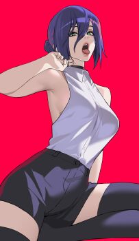 1girl absurdres armpits black_choker black_shorts black_thighhighs breasts chainsaw_man choker green_eyes hair_between_eyes hair_bun hashtag-only_commentary highres large_breasts long_hair_between_eyes looking_at_viewer purple_hair red_background reze_(chainsaw_man) serpent_(pepepp39) shirt shorts simple_background sitting sleeveless sleeveless_shirt solo thighhighs tongue tongue_out white_shirt