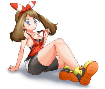 Rule 34 | 1girl, areola slip, bare shoulders, bike shorts, bike shorts under shorts, black shorts, blue eyes, blush, bow, breasts, brown hair, cleavage, clothes lift, full body, hair bow, looking at viewer, may (pokemon), medium breasts, nintendo, ossannoa, pokemon, pokemon oras, red bow, red shirt, shirt, shirt lift, shoes, shorts, sideboob, sitting, sleeveless, sleeveless shirt, solo, sweatdrop, white background, white shorts, yellow shoes