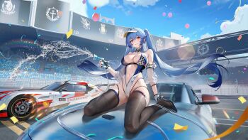 1girl alternate_costume anchor_symbol arm_support azur_lane balloon bare_shoulders black_gloves black_thighhighs blue_hair blue_leotard blue_nails blue_sky blush breasts car center_opening cleavage clothes_writing clothing_cutout cloud cloudy_sky confetti day detached_collar detached_sleeves dragon_empery_(emblem) eagle_union_(emblem) essex_(azur_lane) essex_(start_line_splash)_(azur_lane) fingerless_gloves floating_hair full_body gloves hair_between_eyes hat high_heels highleg highleg_leotard highres holding holding_hose hose iris_libre_(emblem) kneeling large_breasts legs leotard long_hair looking_at_viewer motor_vehicle multicolored_leotard navel non-web_source northern_parliament_(emblem) official_alternate_costume official_art on_car orange_eyes outdoors parted_lips puffy_detached_sleeves puffy_sleeves race_queen race_vehicle racecar rainbow revealing_clothes road royal_navy_emblem_(azur_lane) sakura_empire_(emblem) see-through_clothes see-through_sleeves shoes sidelocks sitting skindentation sky smile solo sports_car stadium stomach strapless strapless_leotard thigh_strap thighhighs thighs twintails two-tone_gloves very_long_hair visor_cap wariza water water_gun wet white_leotard